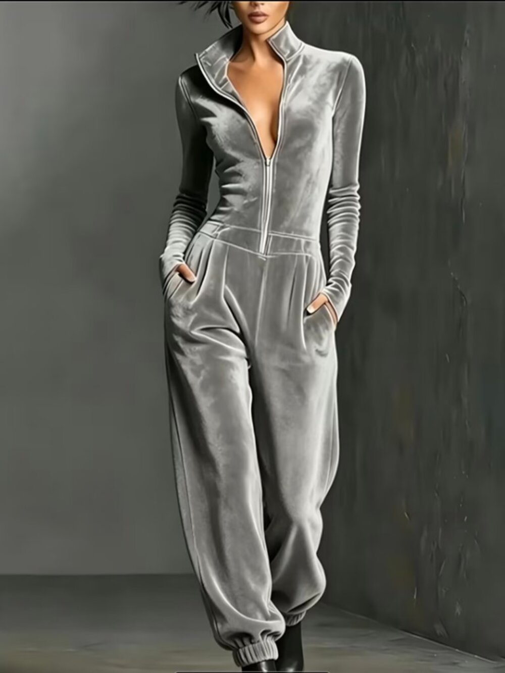 Women'S Elegant Jumpsuit, Stand Collar, Half Zipper, Slim Fit, Tapered Leg Casua - Picture 1 of 3